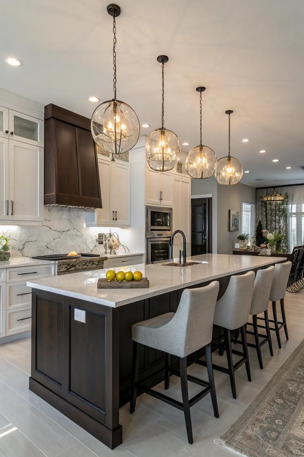 Clustered pendants contribute depth and intrigue.