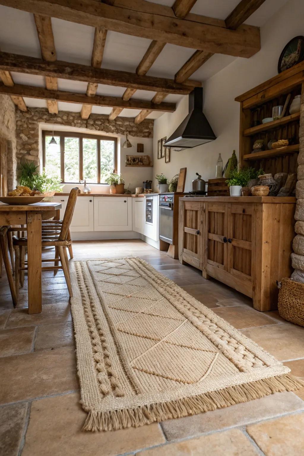 Rugs fashioned from organic materials contribute texture and a rustic allure to kitchens.