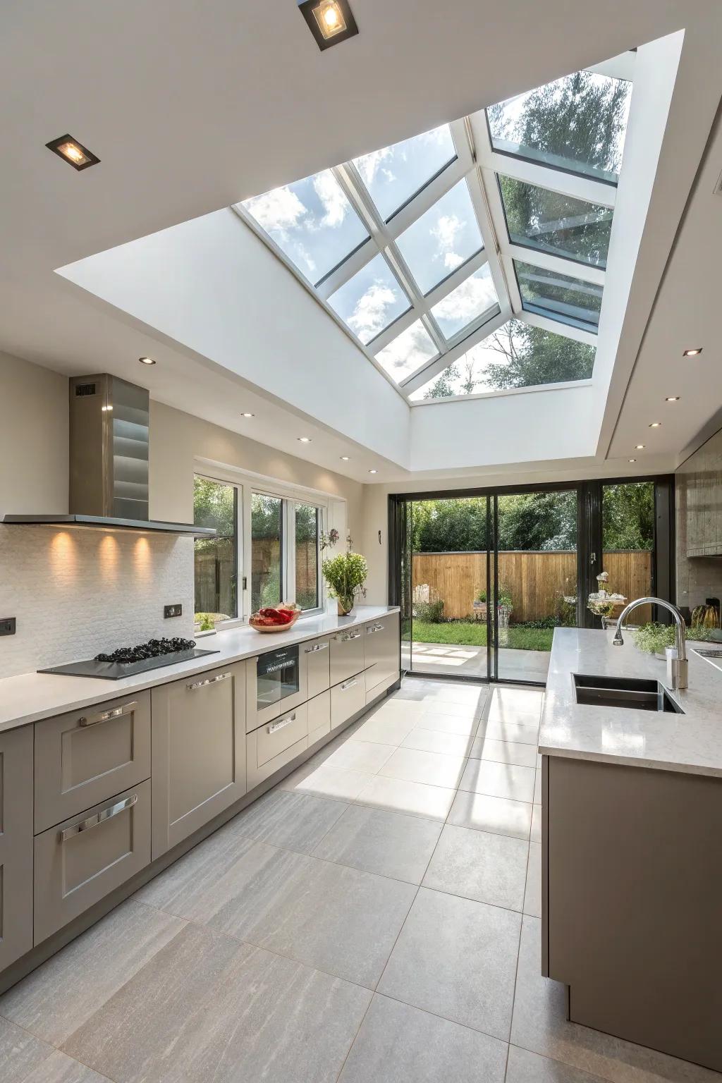 Skylights are carefully positioned to augment the kitchen's practicality and aesthetic qualities.