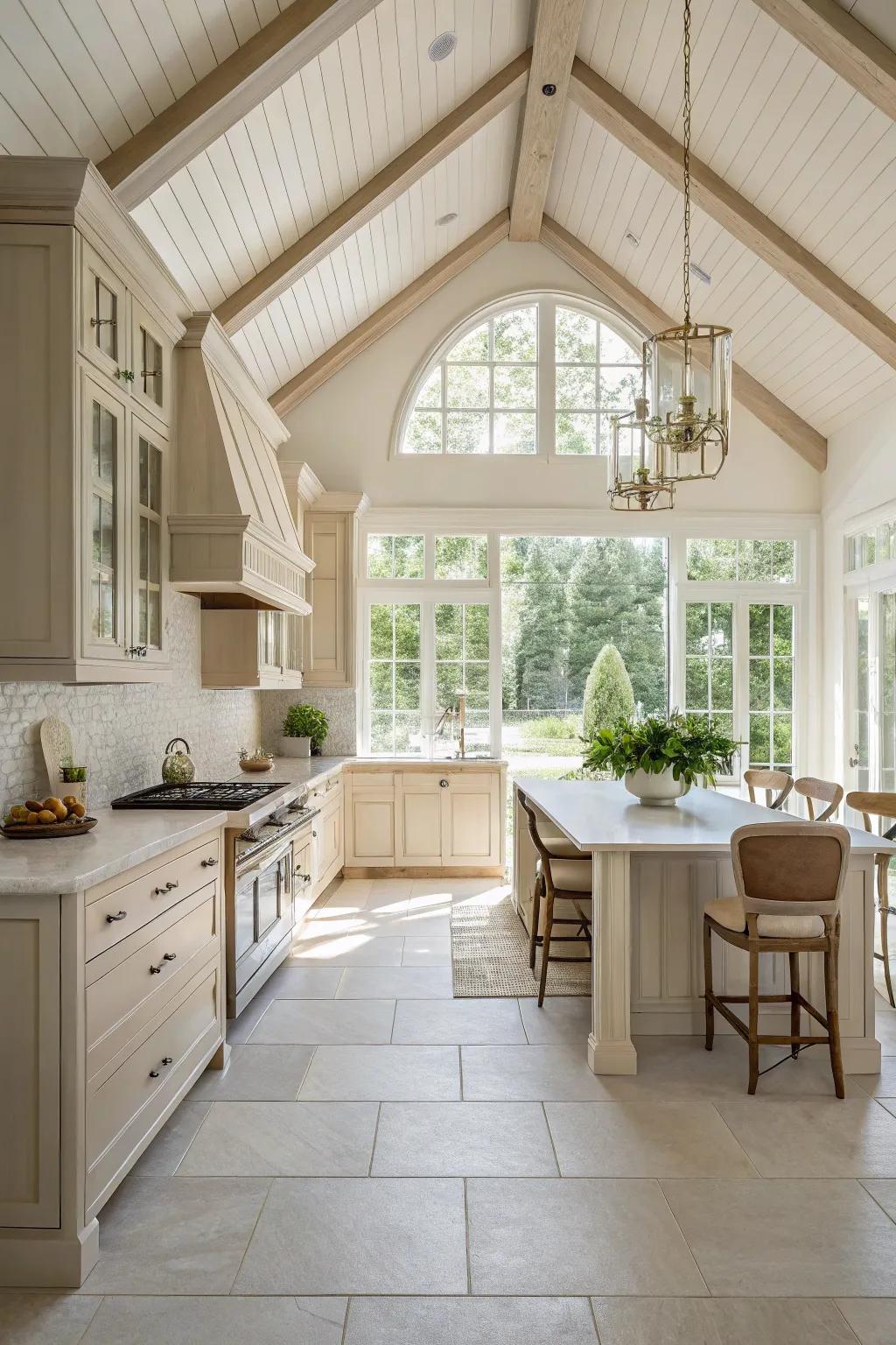 A neutral color palette gives serenity and spaciousness to this kitchen featuring a vaulted ceiling.