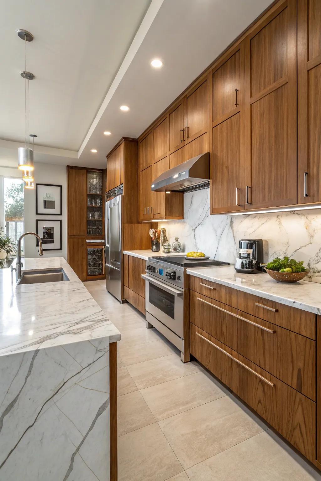 A harmonious mix of materials adding depth to the kitchen's design.