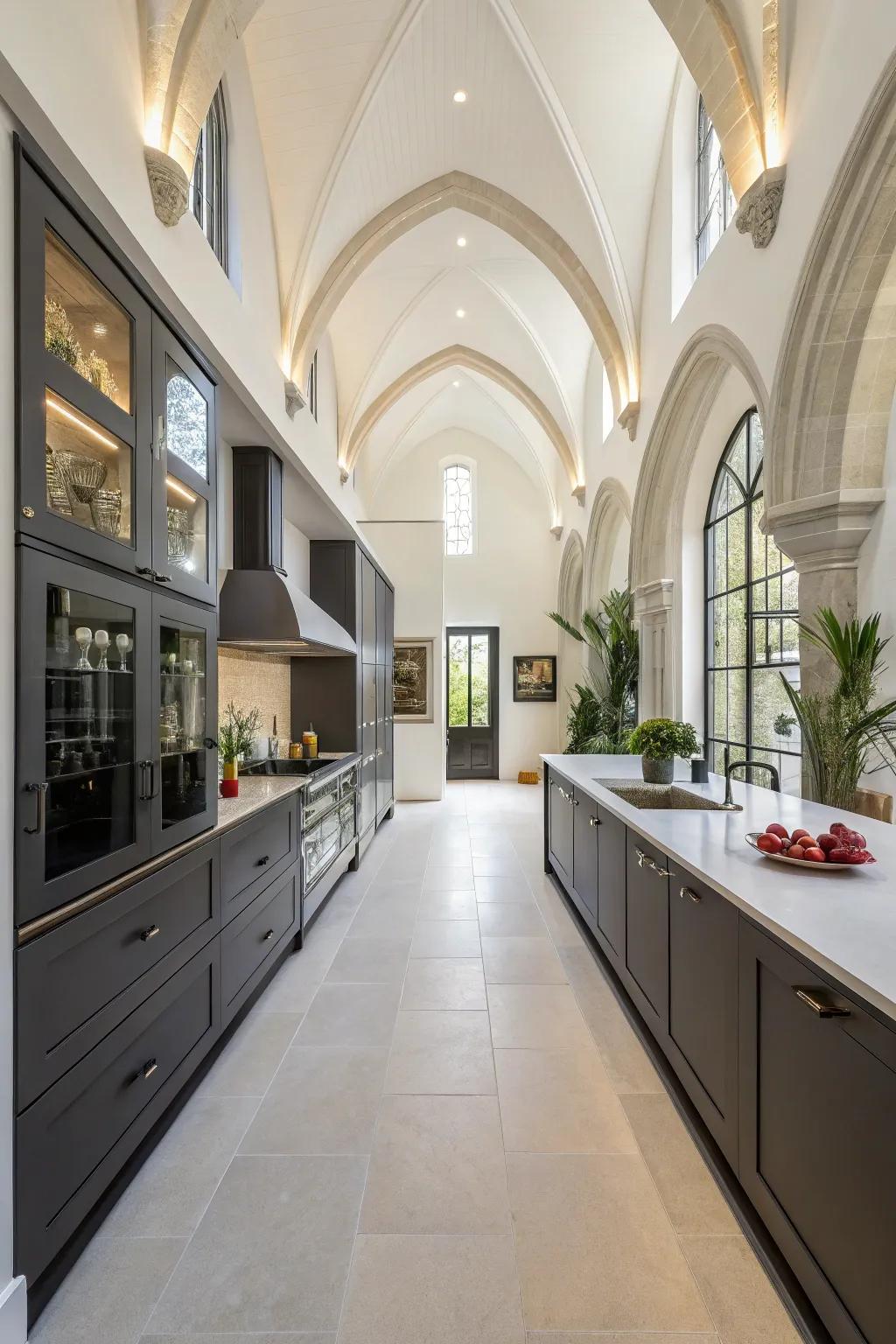 Tall cabinets add storage and elegance to this kitchen with a high ceiling.