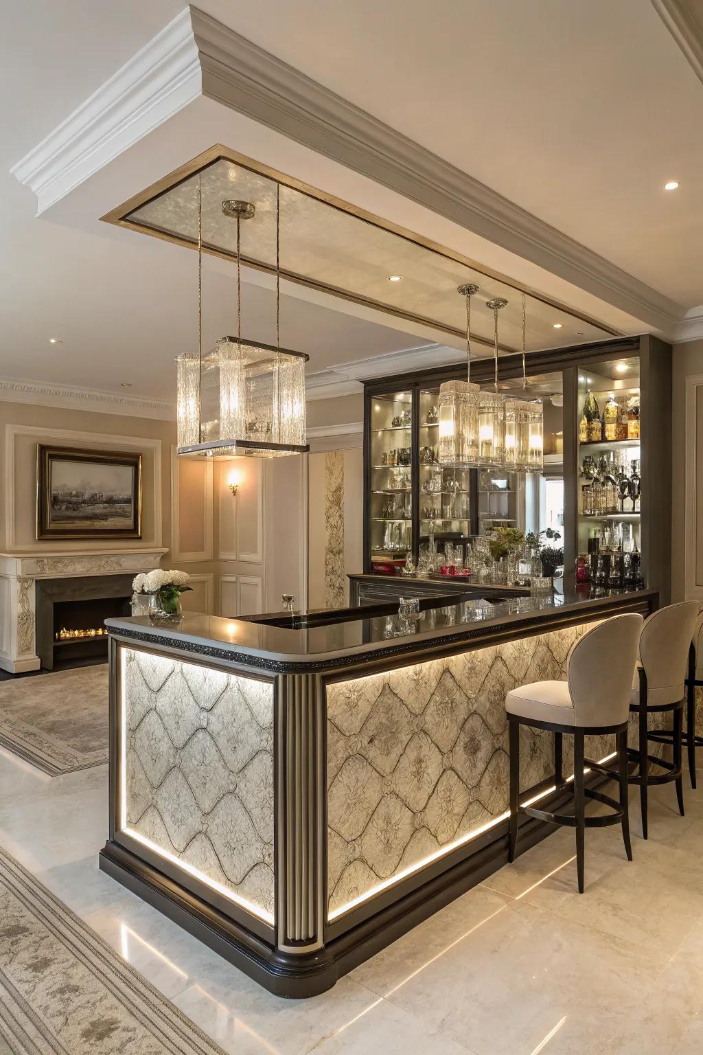 A reflected panel introduces glam to this streamlined bar.