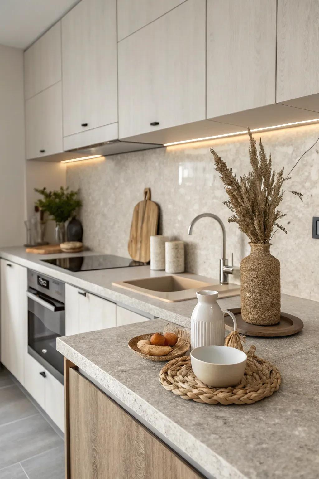 Rock-textured overlays present an understated, refined kitchen surface.