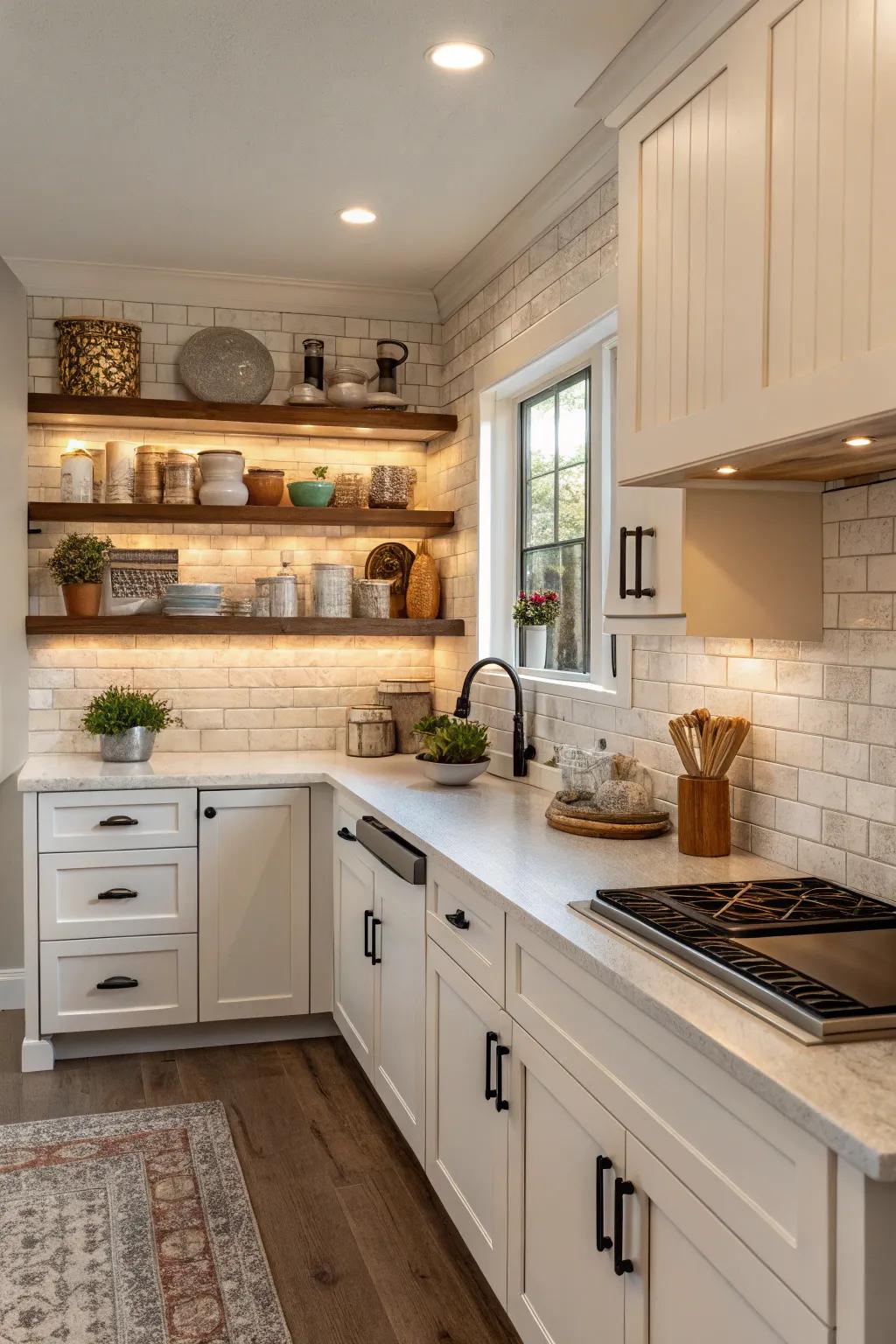 Useful laminate backsplash featuring integrated shelving.
