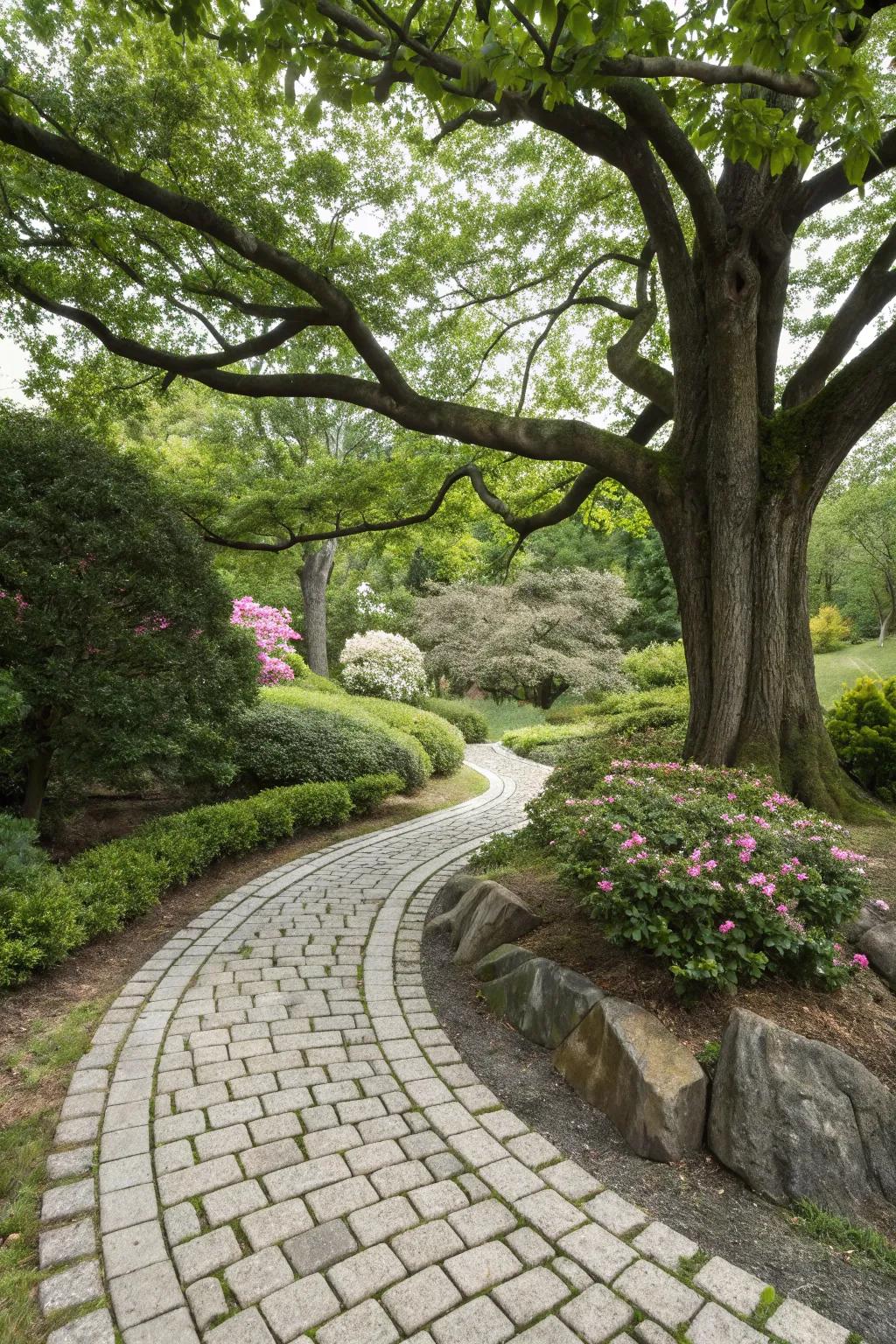 Flat stones present a fashionable, functional edging surrounding trees.