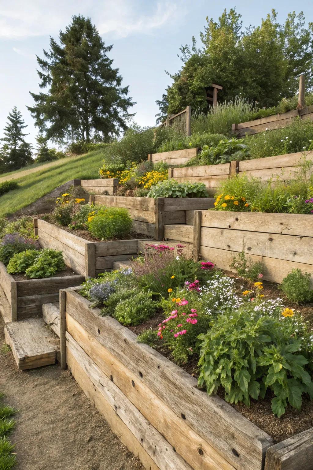 Retaining structures crafted with wooden planks manage slopes attractively.