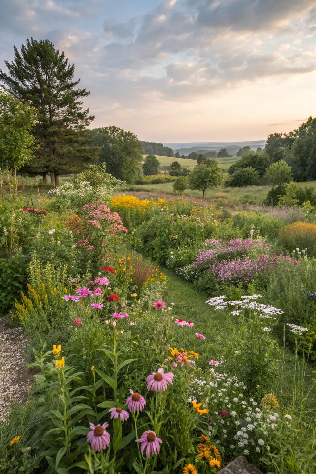 A garden populated with indigenous plants and wildflowers, promoting local biodiversity.