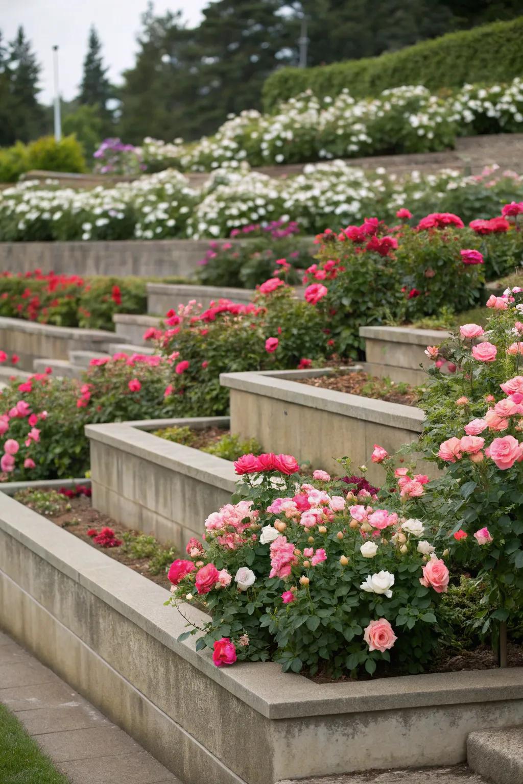 Terraced beds with Everbloom roses add depth to the landscape.