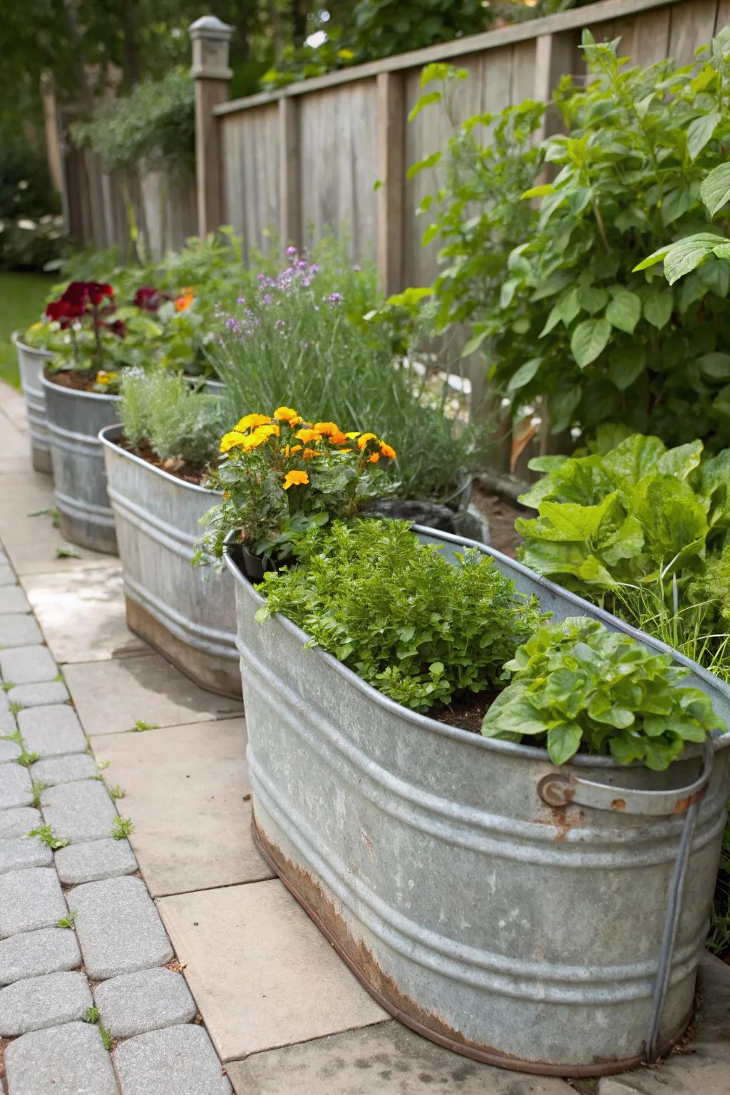 Coated steel containers infuse a rustic appeal and utility to your garden.