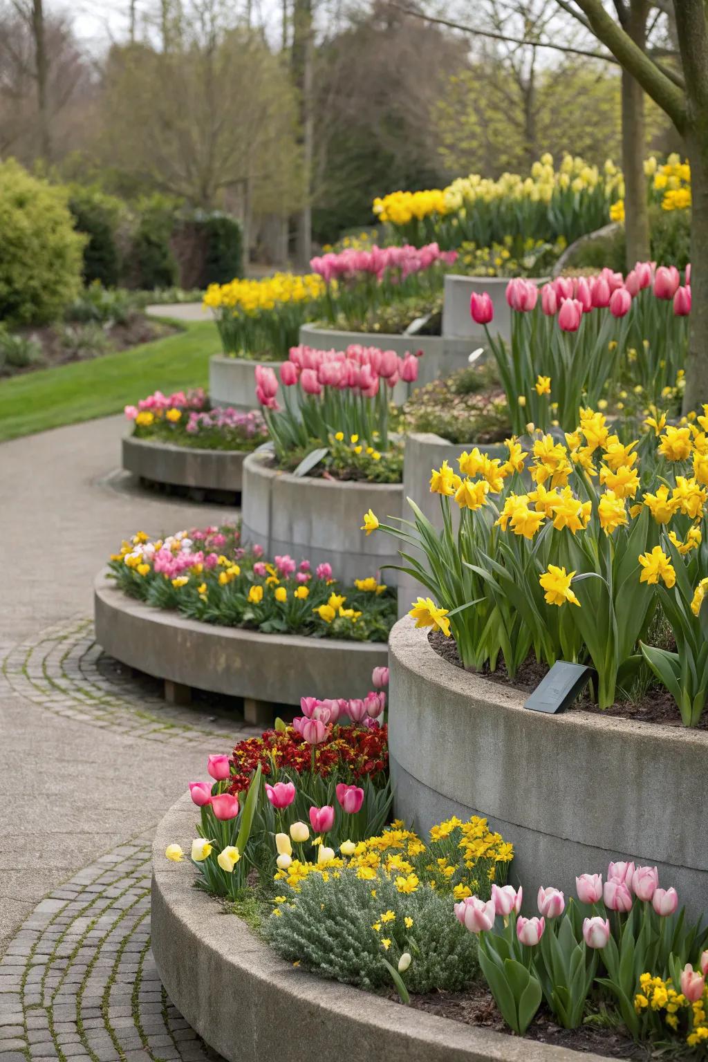Tulips and daffodils in uplifted greenery displays, establishing a prominent visual centerpiece.