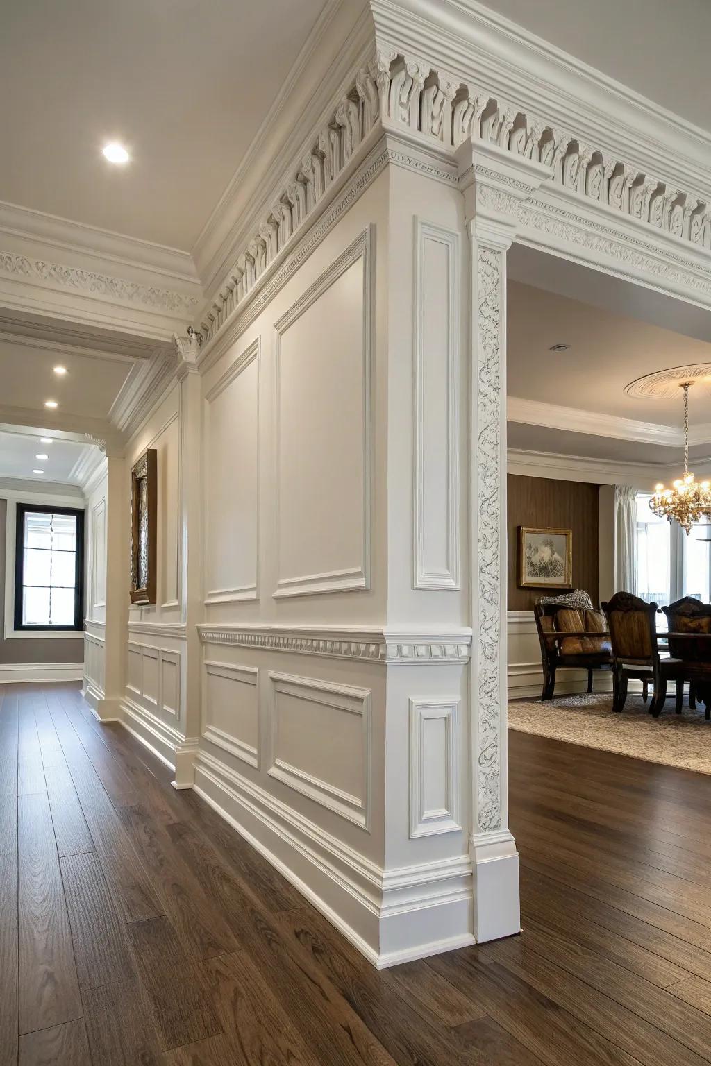 A chamber showcasing expansive crown molding in conjunction with baseboards, thereby affording a comparative design elucidation.
