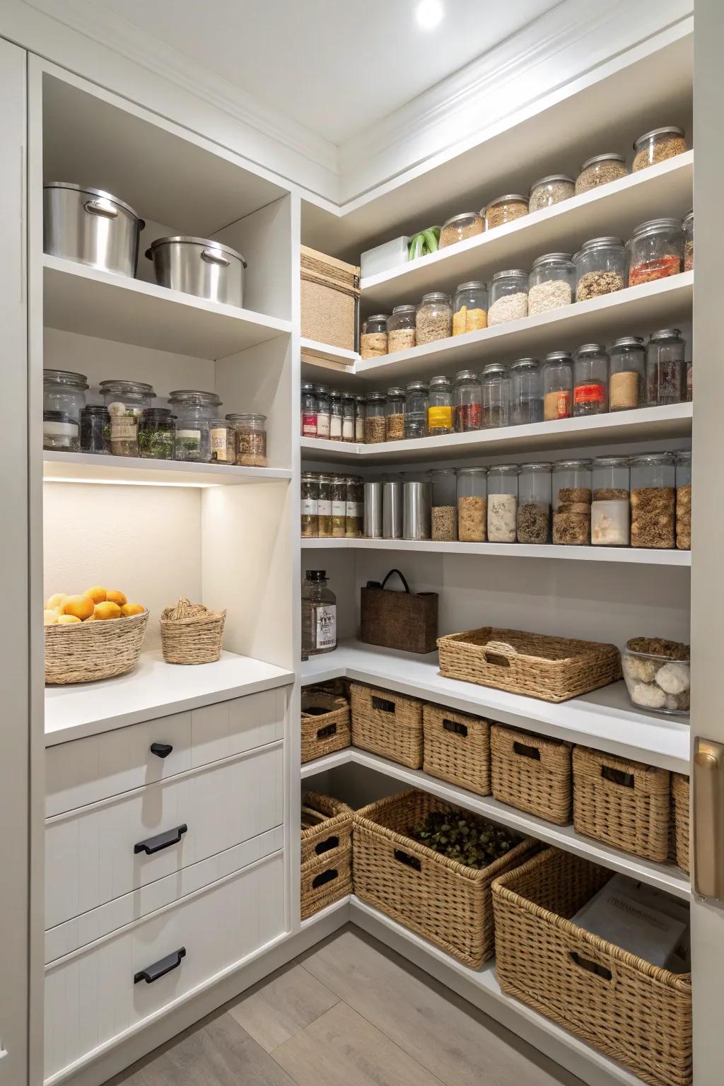 Open shelving incorporates flair and accessibility to your pantry.