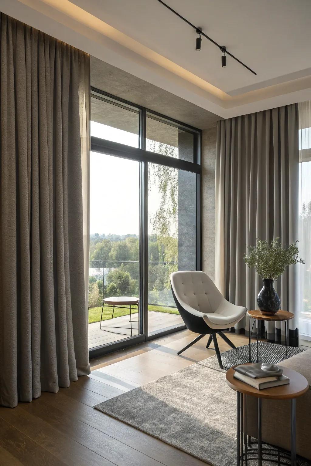 Ringlet-top curtains offer a modern detail.