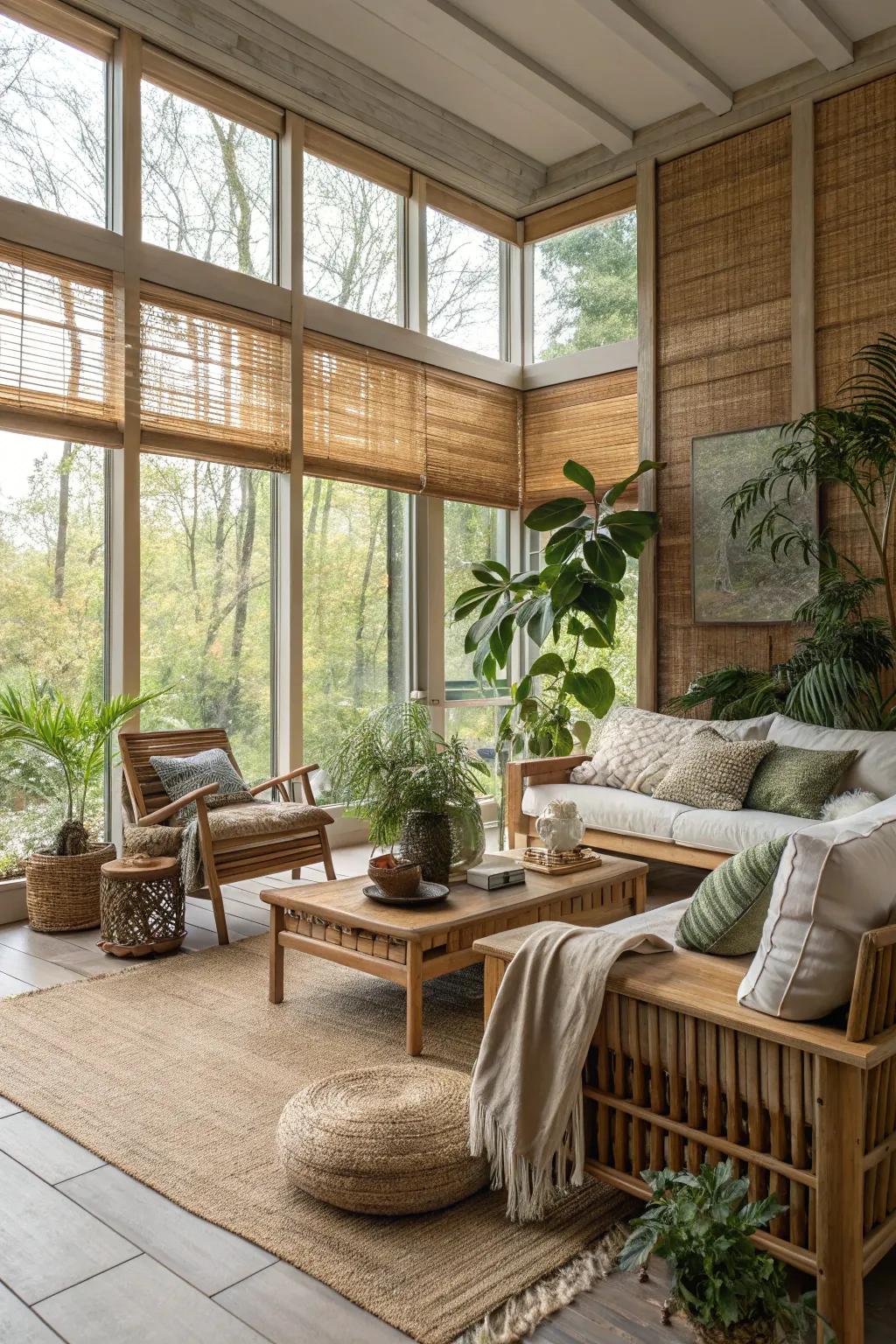 Woven shades add warmth and organic texture.