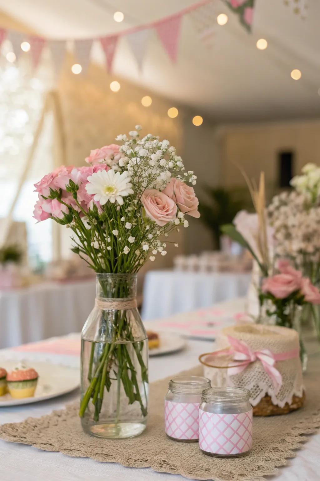 Fresh floral compositions deliver a touch of elegance to the baby shower table.