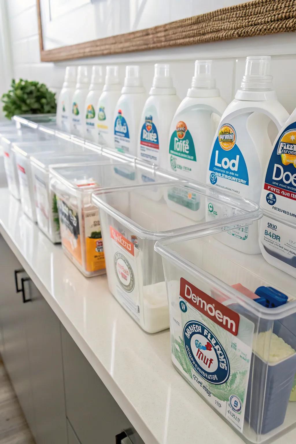 Transparent containers with labels make things easier to see and keep things neat.