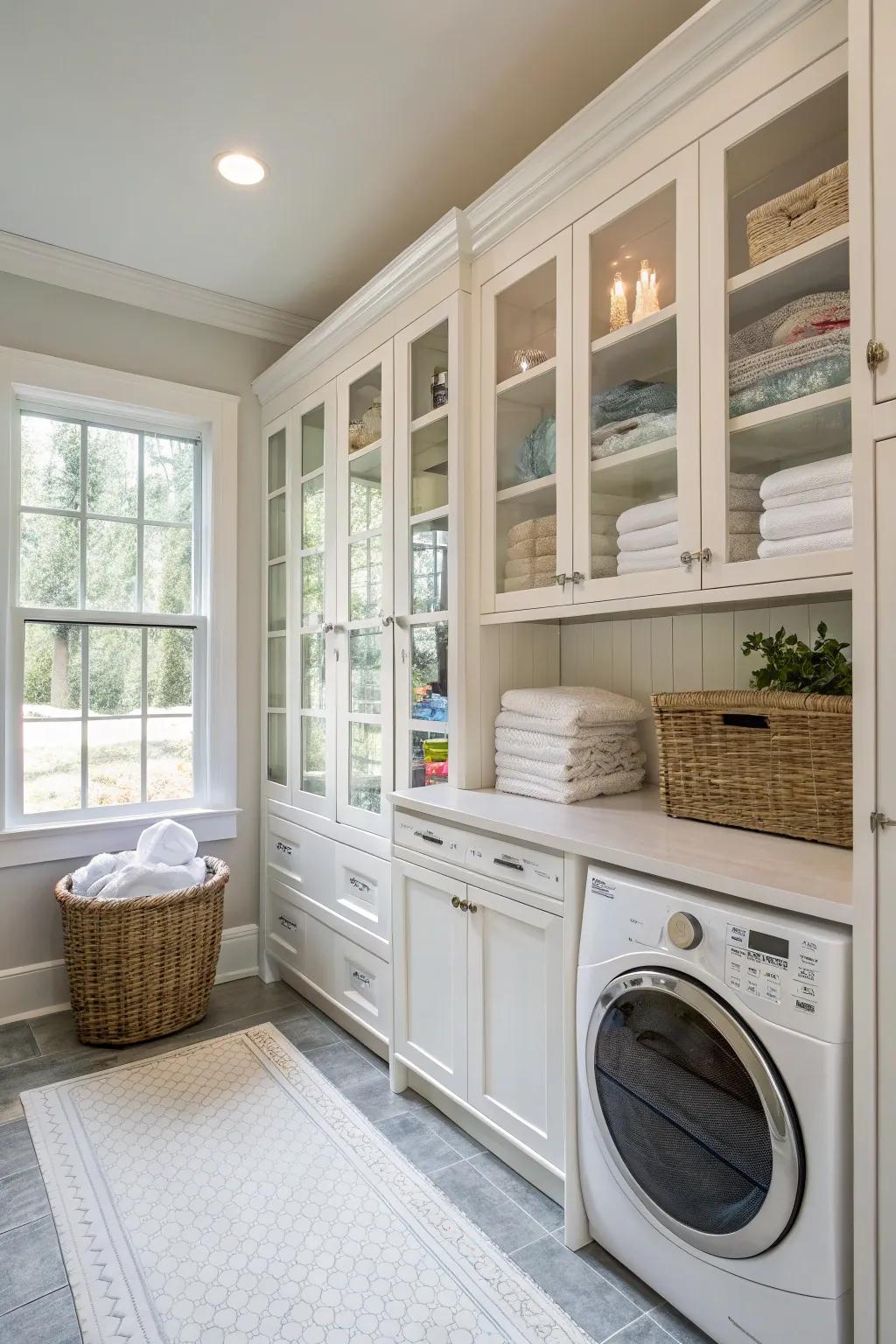 Glass-front units enhance light and visibility in your laundry area.