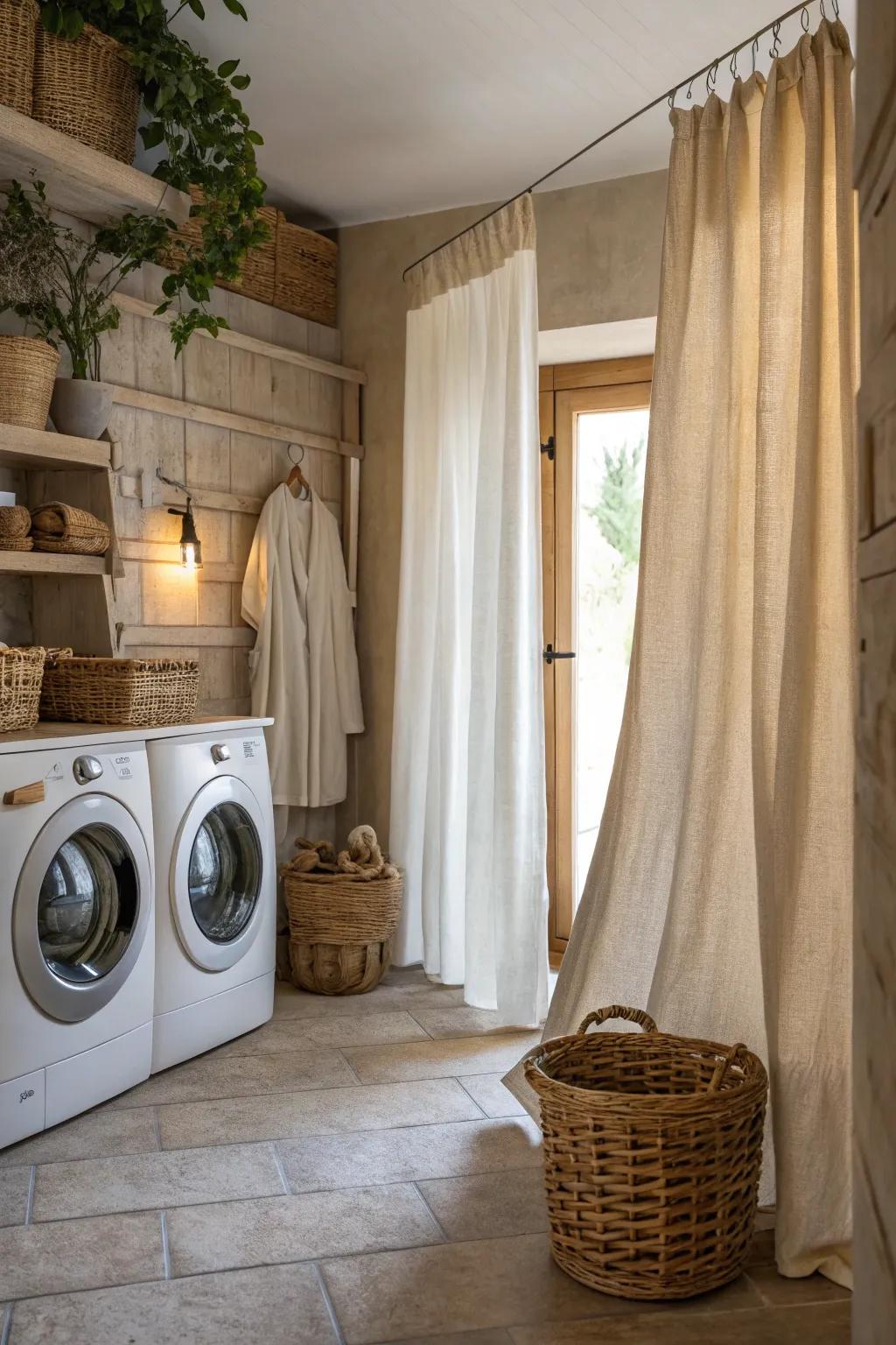Natural textiles like linen add a soft touch to your laundry space.