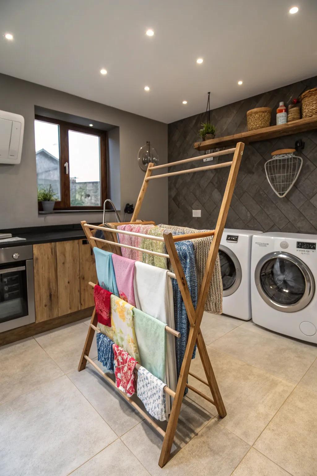 A natural wood drying system adding warmth to a contemporary laundry room.