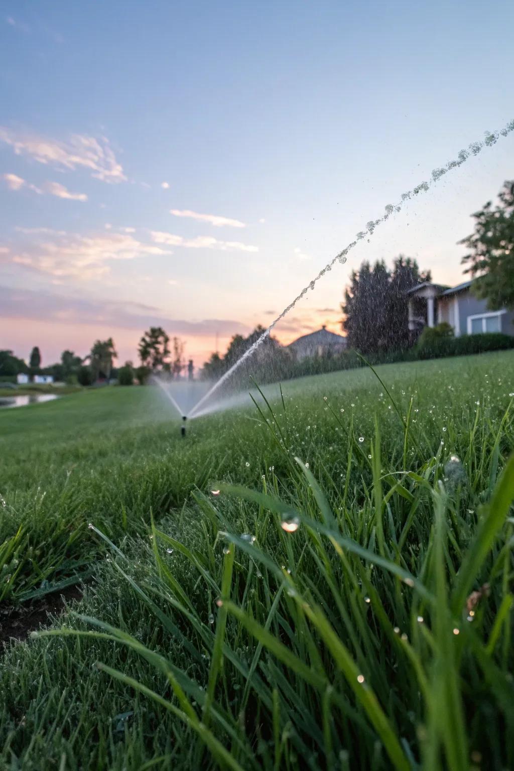 A thoroughly irrigated lawn maintaining its freshness in the morning daylight.