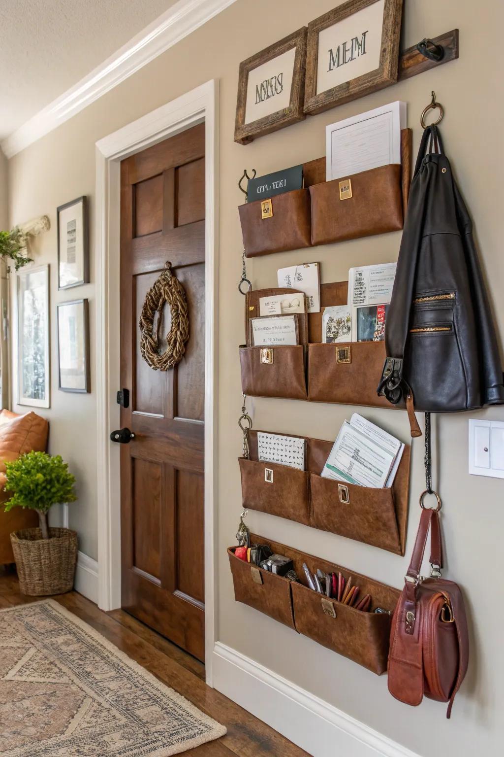 Maintain ease of access to essentials with leather wall pockets.