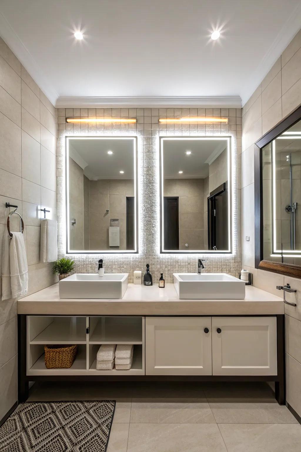 Double LED mirrors create balance and functionality in a shared bathroom.