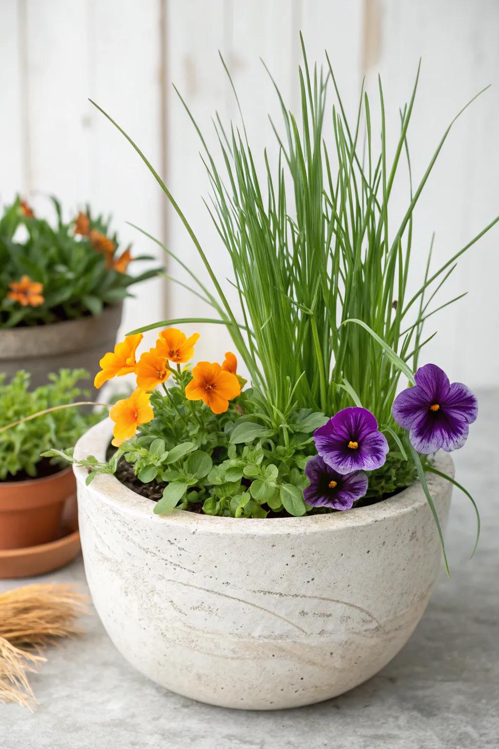 Enrich your garden with an enchanting allied planter: lemongrass and florals in idyllic harmony.