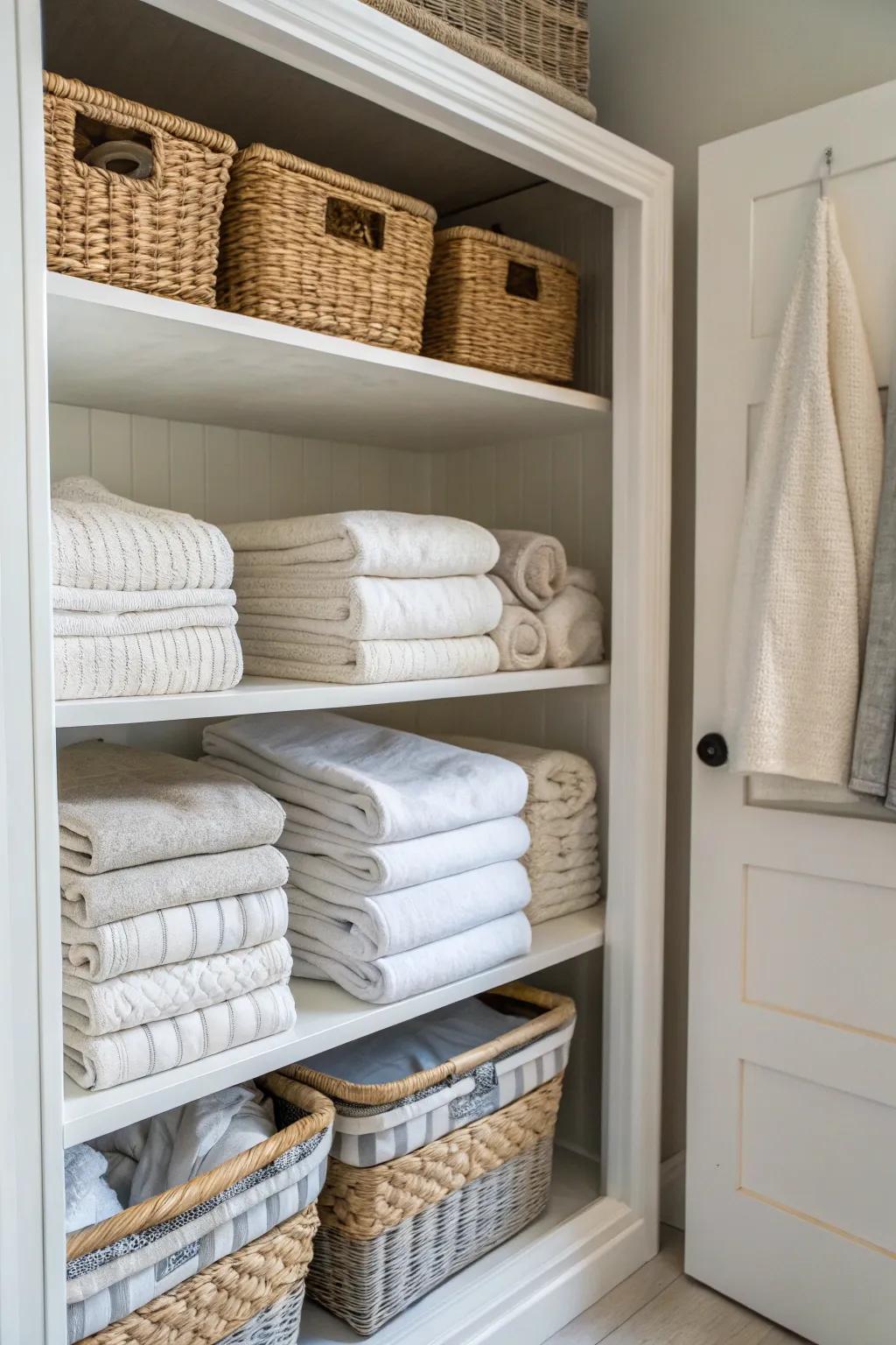 Matching baskets foster a unified and tidy appearance in a linen closet.