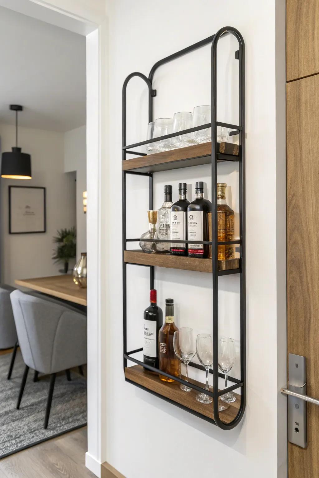 Understated appeal through a wall-affixed liquor rack.