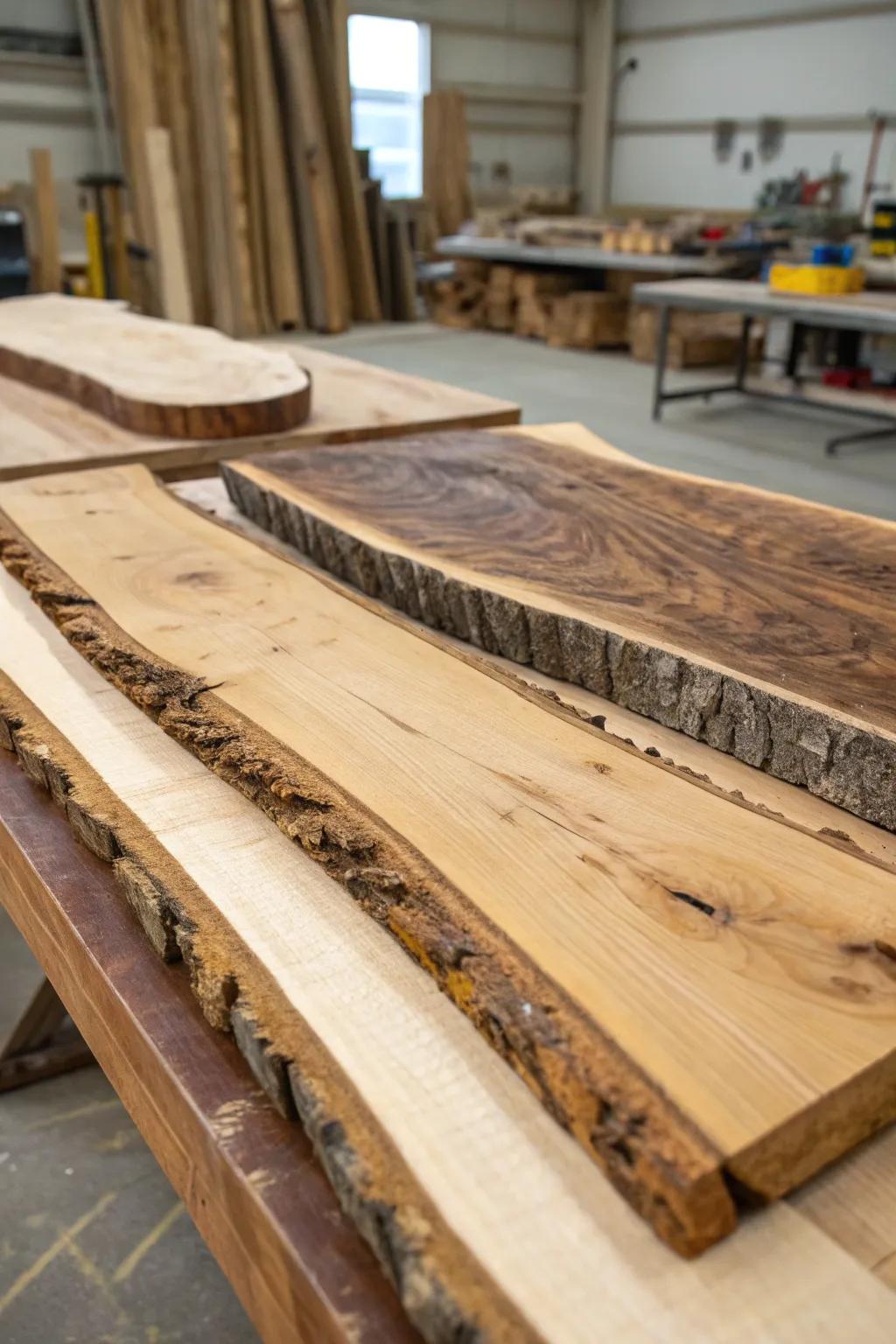 An array of diverse wood types ready to morph into live edge countertops.