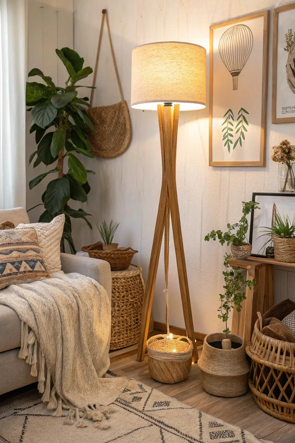 A cozy family room featuring a timber floor lamp with organic décor elements.