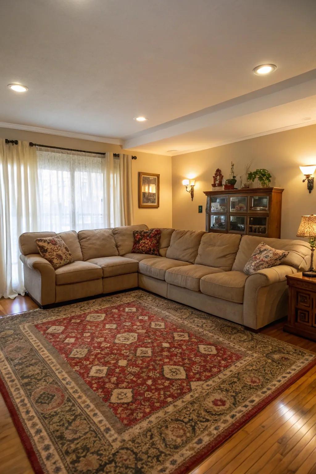 A carpet secures the sectional, enhancing warmth and sophistication.