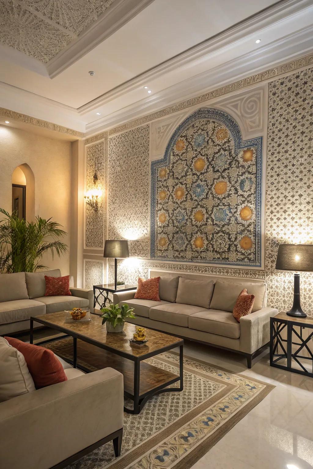 Artistic lounge showcasing captivating wall tiles.