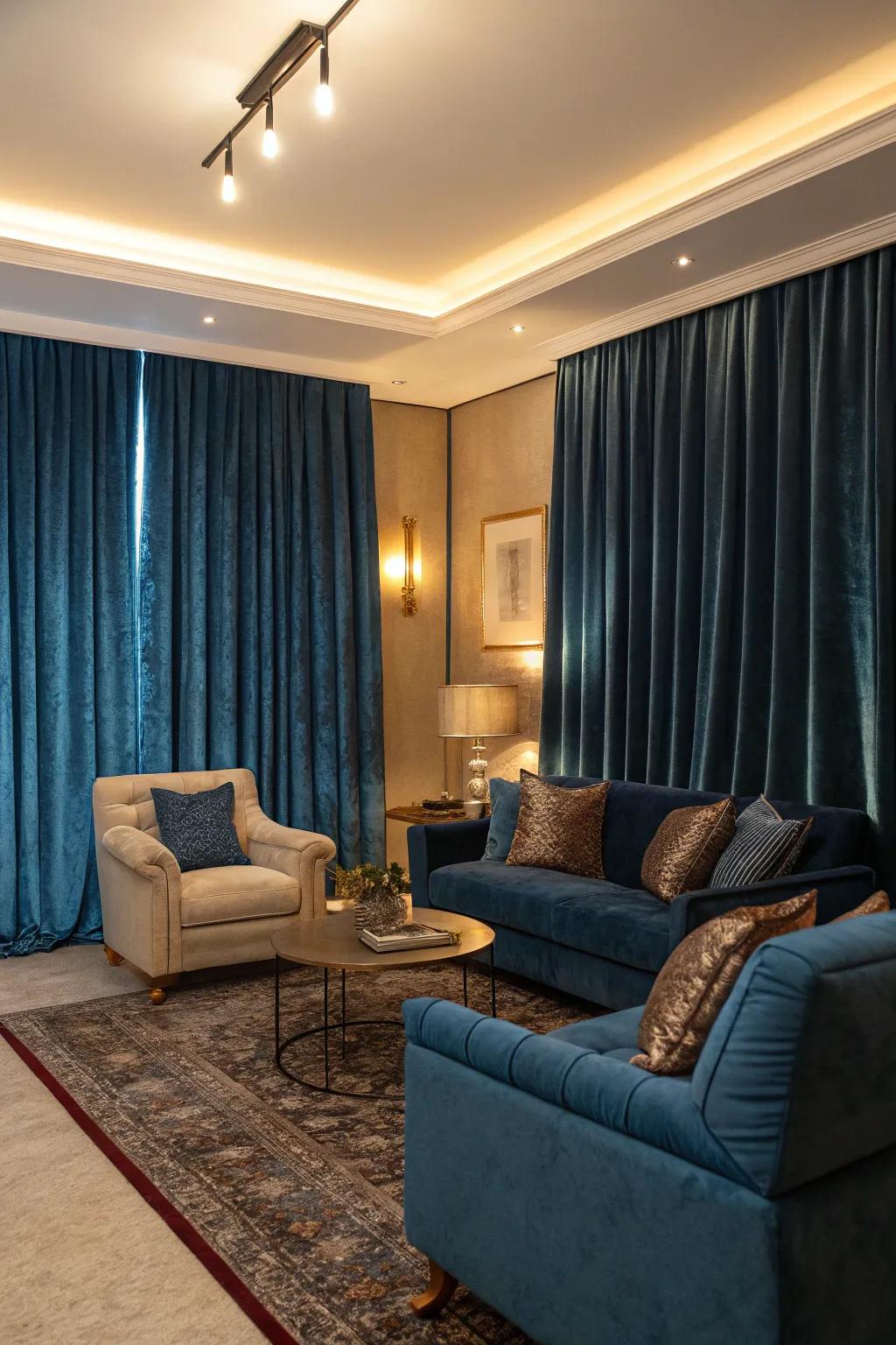 Sumptuous textures such as velvet amplify the grace of azure window coverings in this cultivated gathering space.