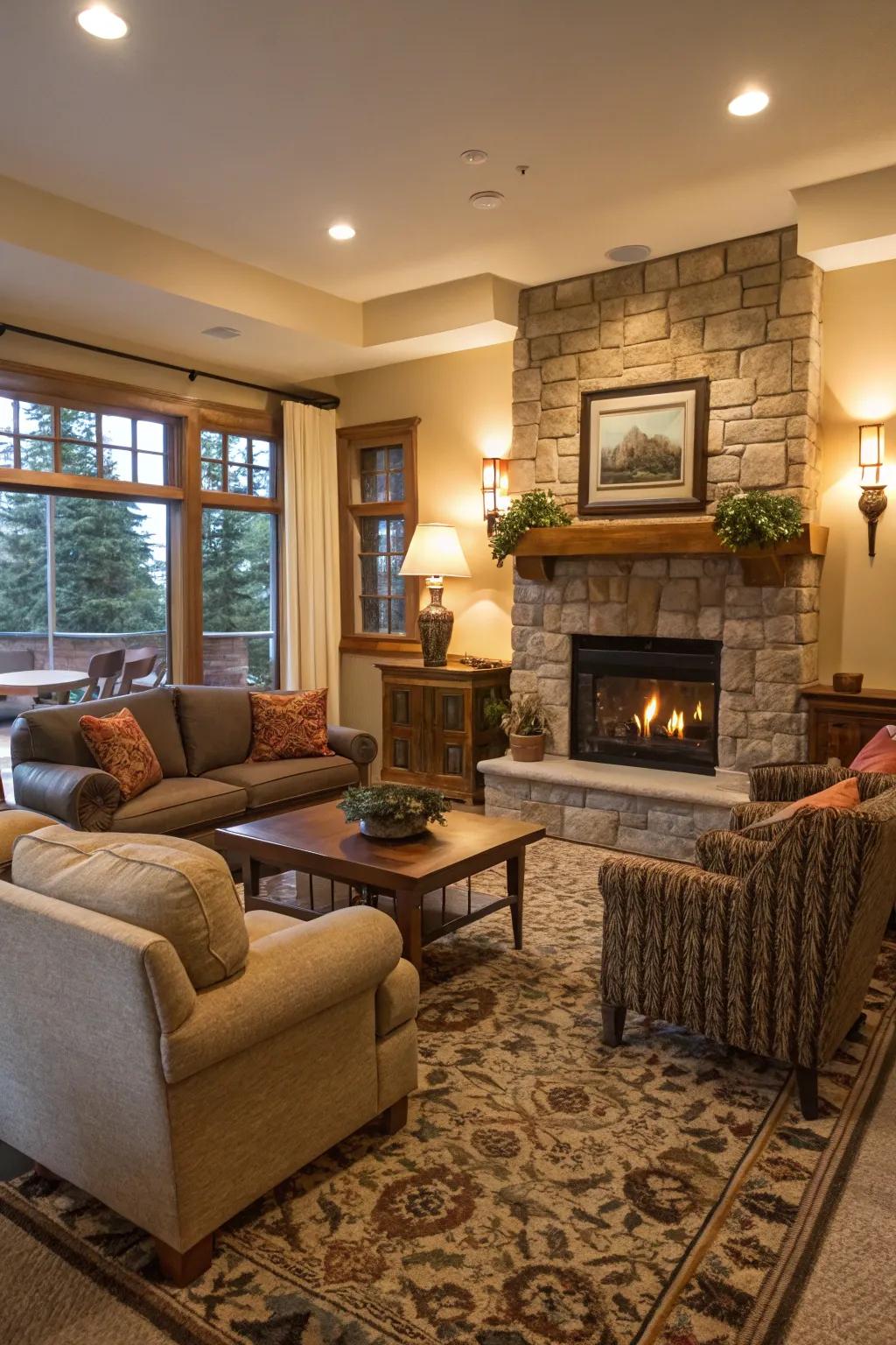 A thoughtfully arranged living space, showcasing seating thoughtfully arranged around the central fireplace.