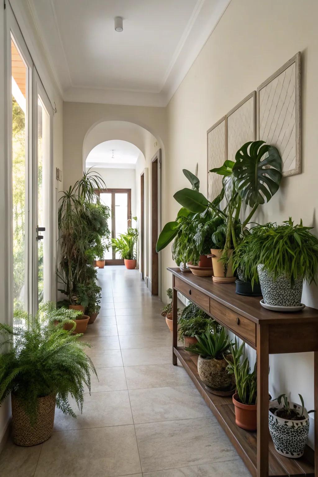 Indoor plants inject a refreshing ambiance into this inviting entryway.