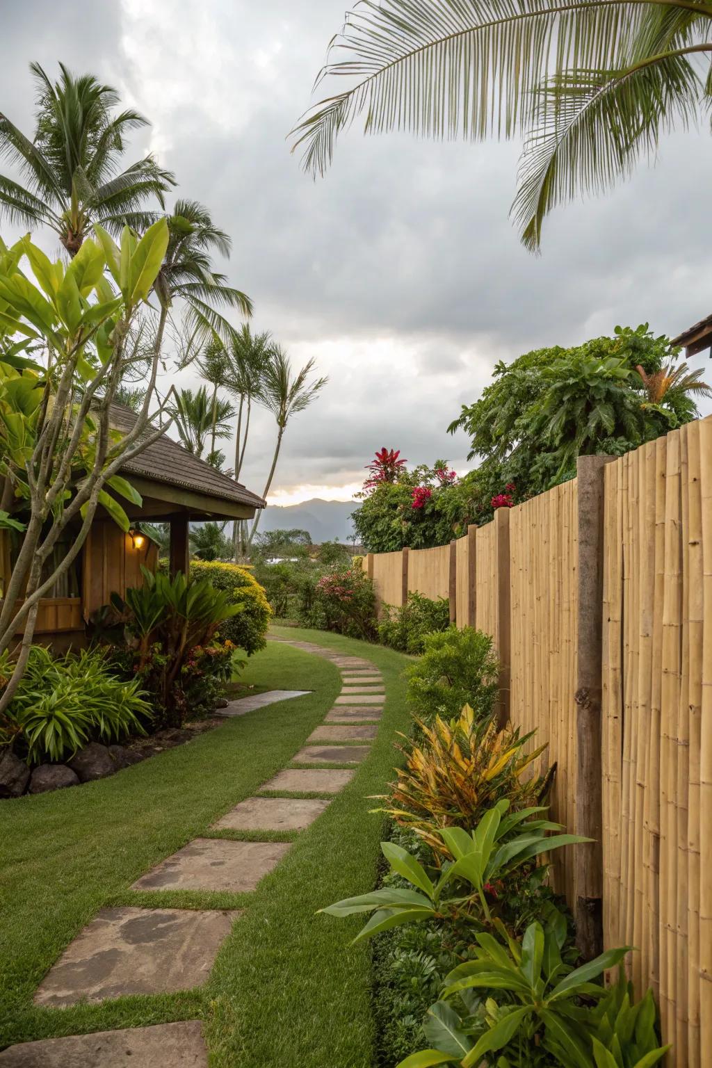 An eco-conscious bamboo fence elevates the tropical sensation of this front yard.