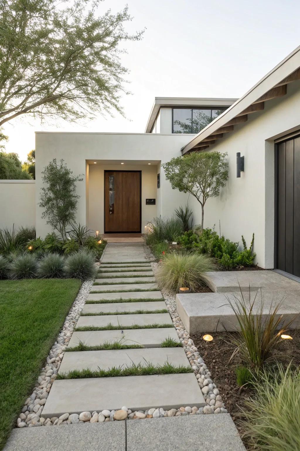A pared-down front yard featuring pristine contours and strategic plant positioning.