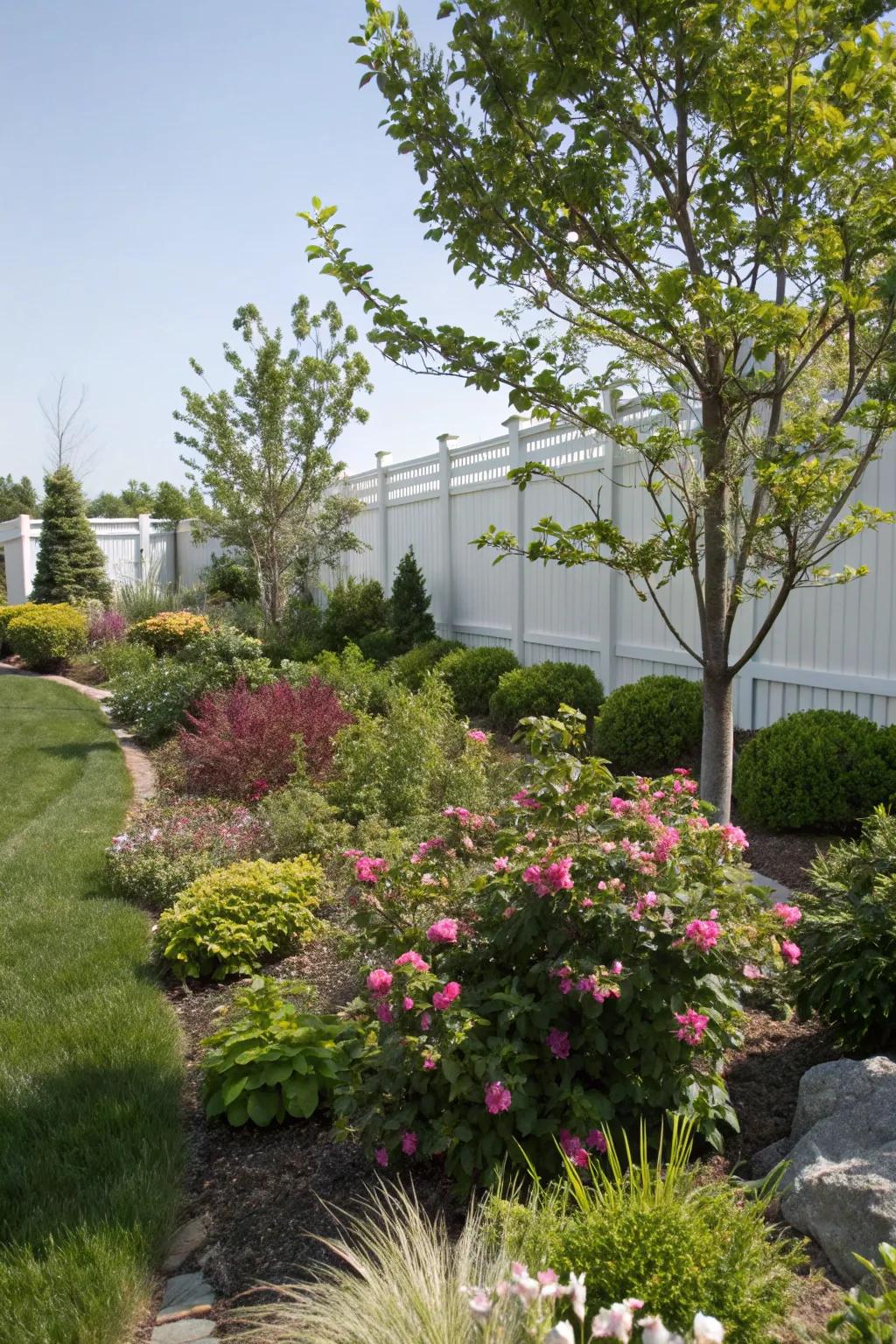 Bushes and saplings contribute structure to a perennial-laden garden.