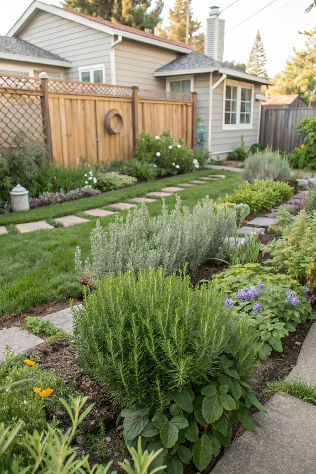 A verdant garden abundant with flea-deterrent rosemary and sage.