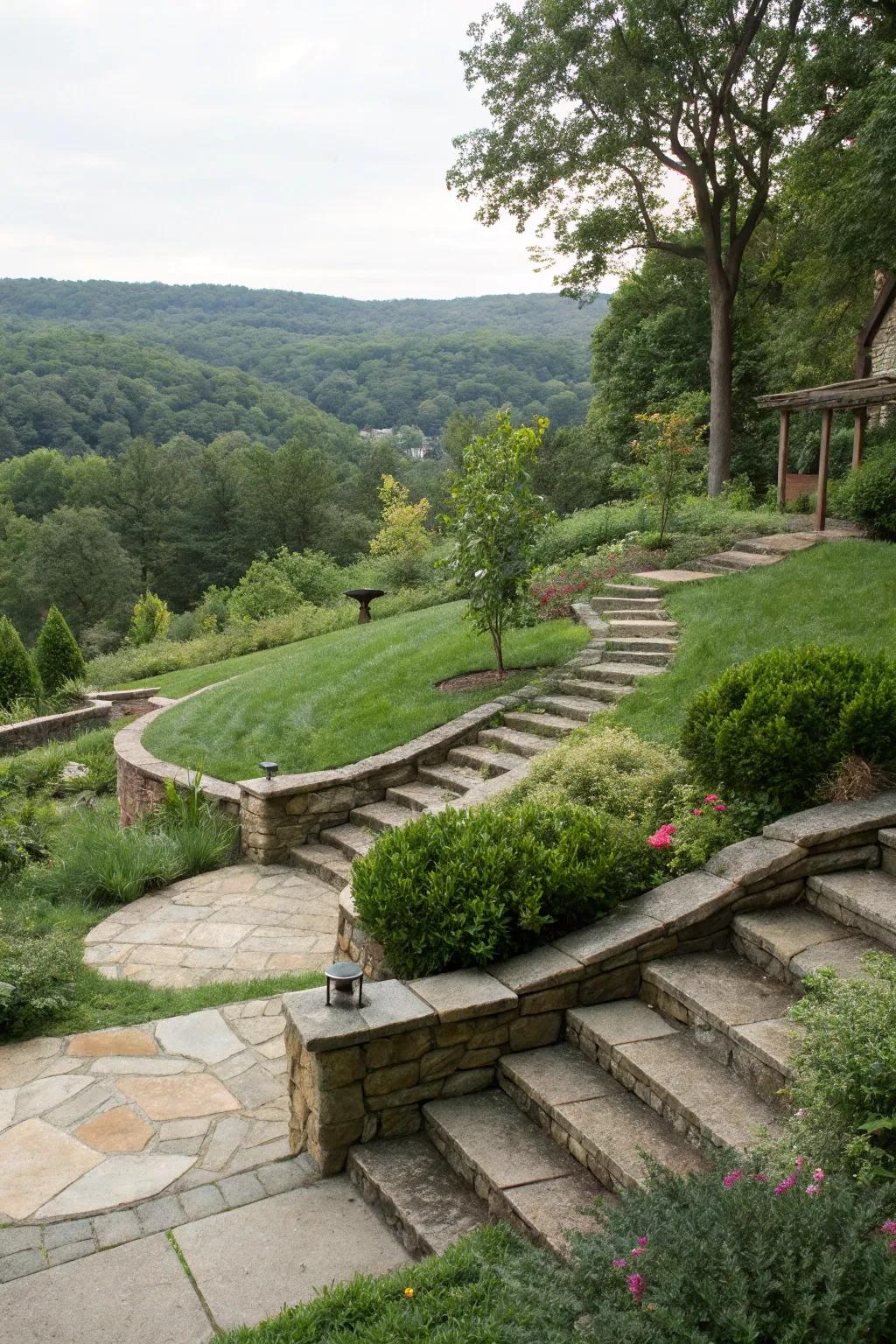 Walkways and steps make navigating a sloping yard easy and enjoyable.