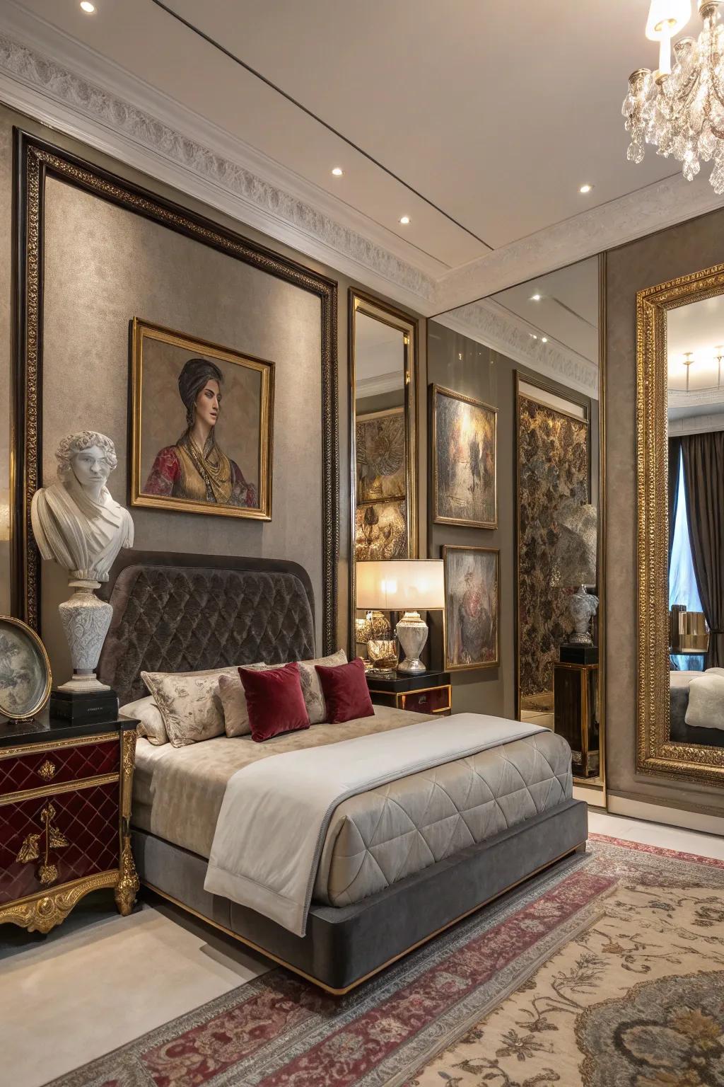 A luxurious bedroom enriched with decorative embellishments like art pieces and statues.
