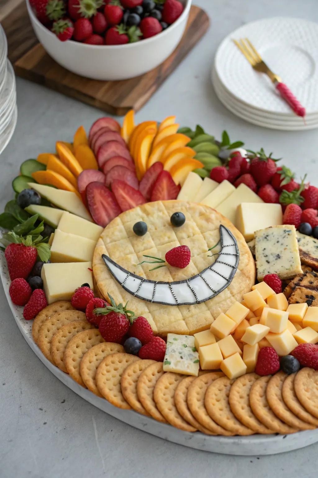 A Cheshire Cat cheese arrangement featuring snacks artistically arranged into a whimsical grin.