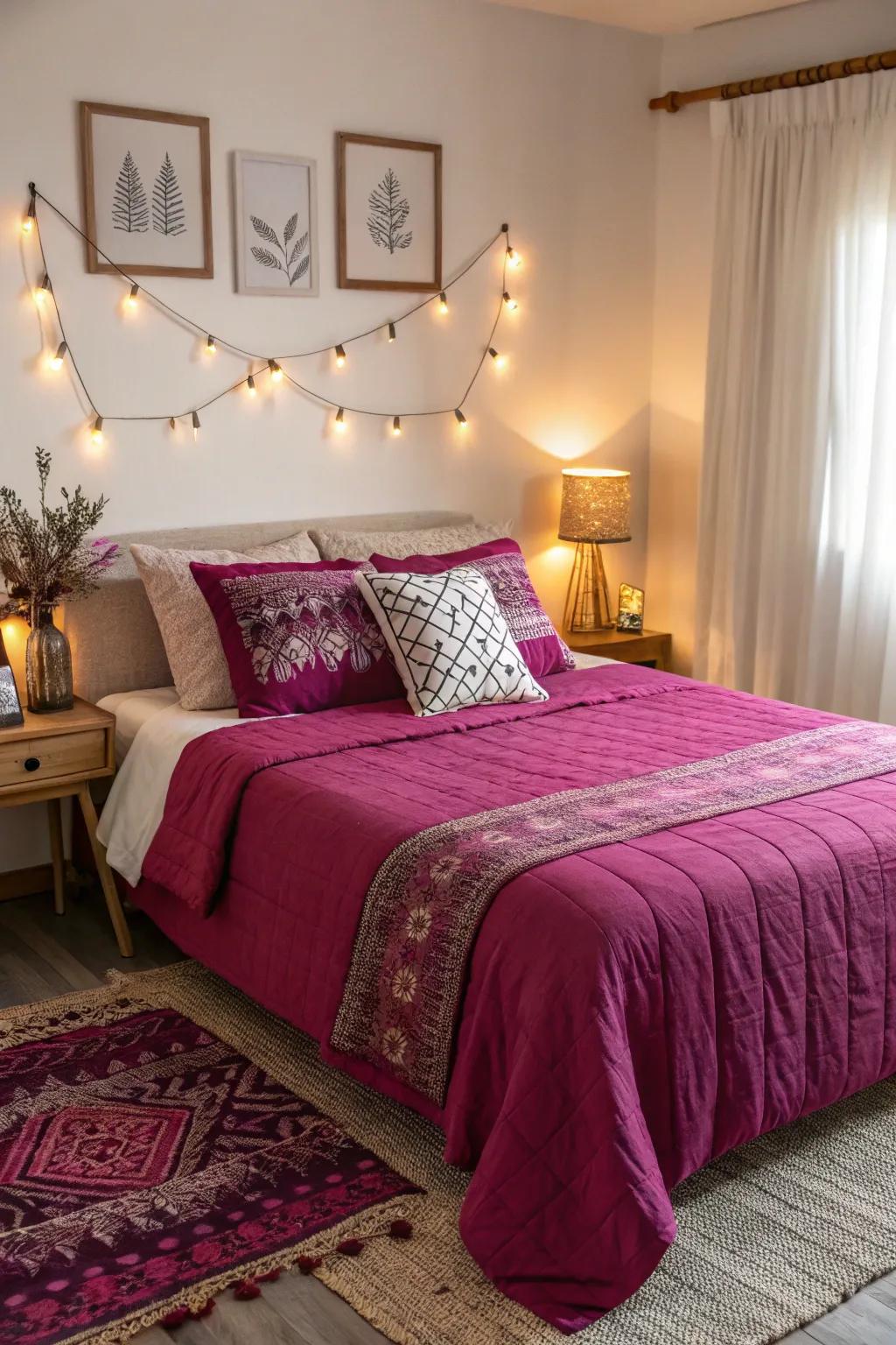 Cerise bedding adds a touch of warmth and coziness to this inviting bedroom.