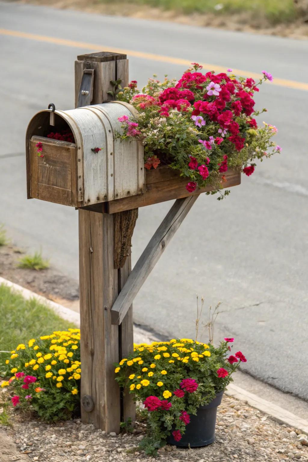 Wooden elements add warmth and an organic feel to mailbox planters.