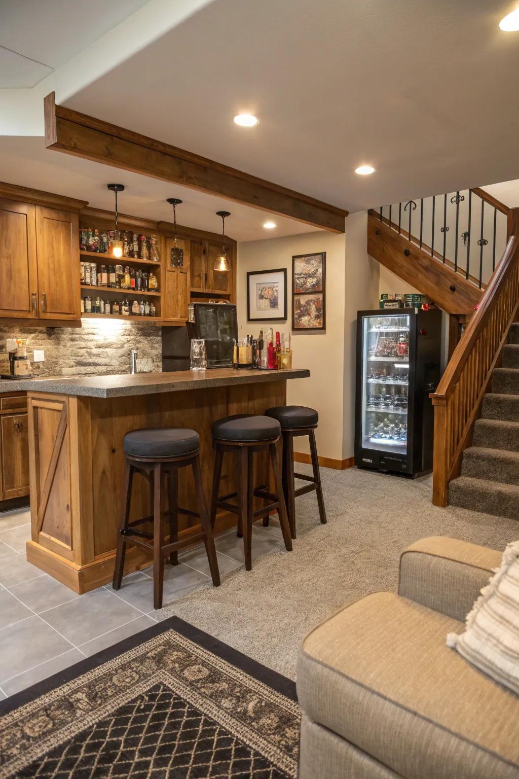 A well-appointed bar space ideally designed for entertaining in a man cave.