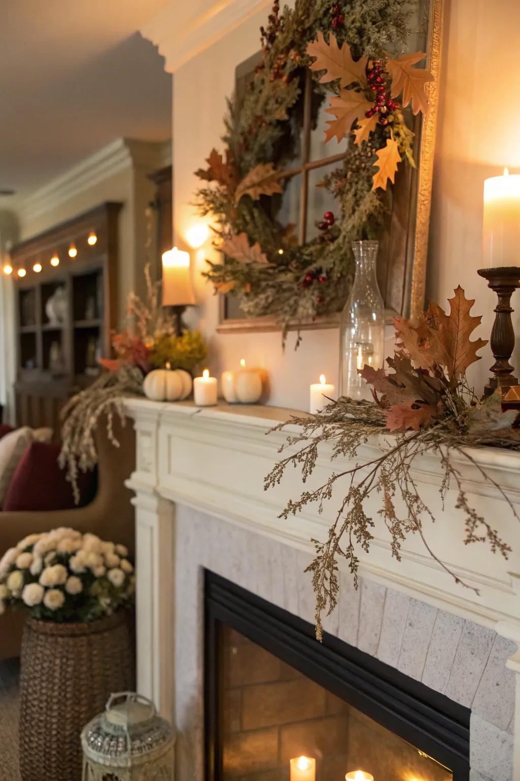 Seasonal touches add subtle charm and variation to this mantel.