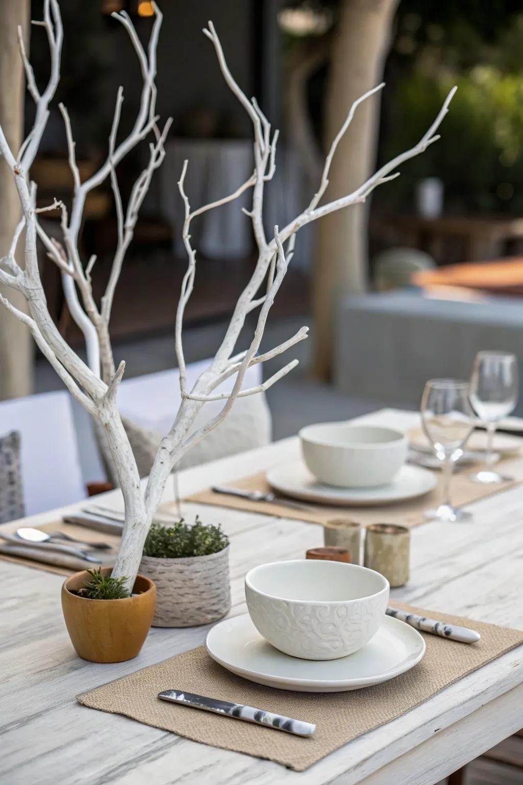 Subtle elegance using ivory-painted manzanita limbs.