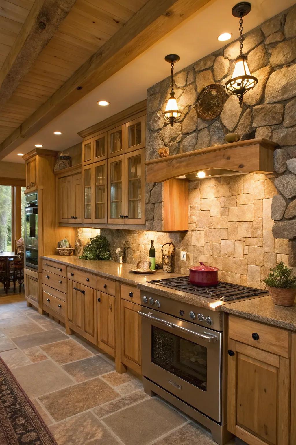 A countryside-inspired culinary space with untreated lightwood units, exuding coziness and comfort.